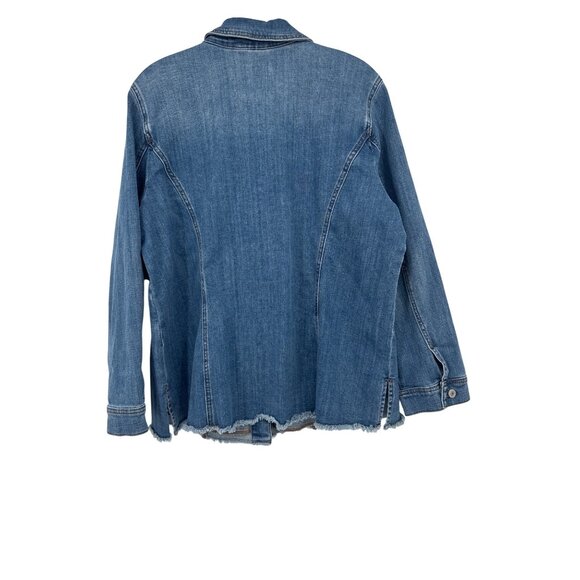 Chicos 3 Denim Jacket Floral Print Button Front Frayed Hem Size XL Womens - Picture 4 of 5